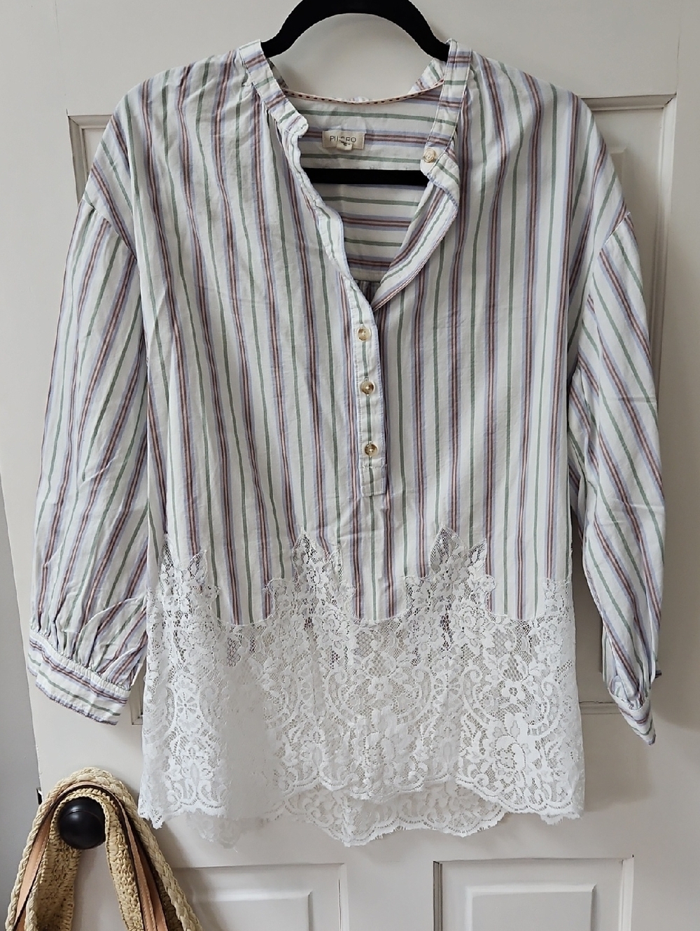 Pilcro Striped Cotton Blouse With Lace Accent